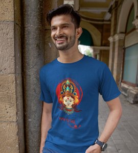 Maa durga animated face printed unisex adults round neck cotton half-sleeve blue tshirt specially for Navratri festival/ Durga puja
