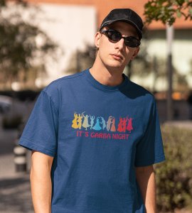 It's garba night printed unisex adults round neck cotton half-sleeve blue tshirt specially for Navratri festival/ Durga puja