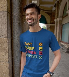 Fast, sleep, garba, repeat printed unisex adults round neck cotton half-sleeve blue tshirt specially for Navratri festival/ Durga puja