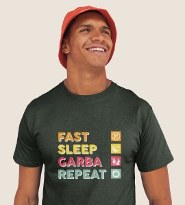 Fast, sleep, garba, repeat printed unisex adults round neck cotton half-sleeve green tshirt specially for Navratri festival/ Durga puja