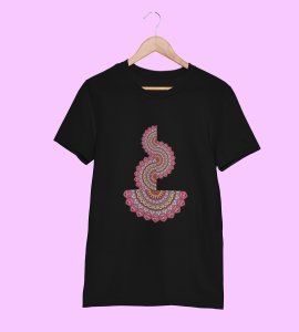 Designable semi-curved mandala colourful art printed diwali themed unisex round neck blended black t-shirt specially for diwali festival