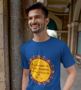 Small diyas surrounded mandala art printed diwali themed unisex round neck blended blue t-shirt specially for diwali festival