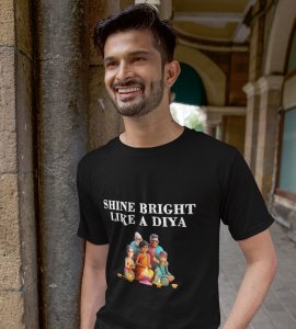 Shine bright like a diya printed diwali themed unisex round neck blended black t-shirt specially for diwali festival