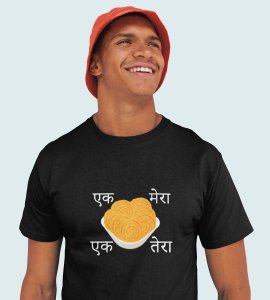 Ek tera, ek mera printed diwali themed unisex round neck blended black t-shirt specially for diwali festival