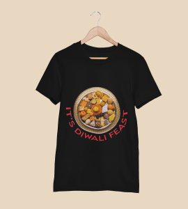 It's diwali feast printed diwali themed unisex round neck blended black t-shirt specially for diwali festival