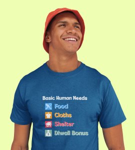 Basic human needs printed diwali themed unisex round neck blended blue t-shirt specially for diwali festival