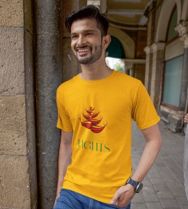 Diyas opposite wise framed printed diwali themed unisex round neck blended yellow t-shirt specially for diwali festival