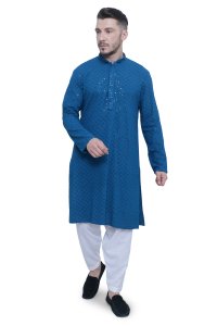 Exquisite Feroze Blue Chikankari Men's Kurta Set in High-Quality Fabric