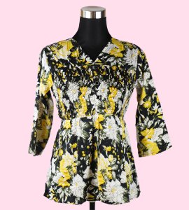 Women's Floral V-Neck Top in Black and Yellow - Versatile and Stylish Fashion Choice