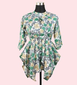 Women's Green Top with Multiple Floral Prints - Versatile and Elegant