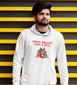 Shine bright like a diya text printed diwali themed White Hoodie specially for diwali festival