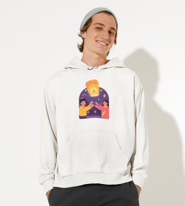 Air balloon & animated couple printed diwali themed White Hoodie specially for diwali festival