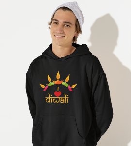 Classic earthen lamp /diyas vertically bended printed diwali themed black Hoodie specially for diwali festival