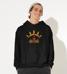 Classic earthen lamp /diyas vertically bended printed diwali themed black Hoodie specially for diwali festival