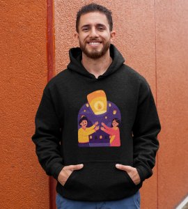 Air balloon & animated couple printed diwali themed black hoodie specially for diwali festival