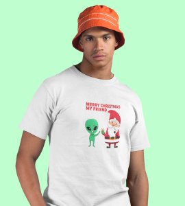 Santa With His Friend : Most Uniquely Printed T-shirt (White) Best Gift For Boys Girls