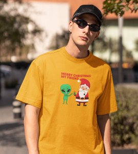 Santa With His Friend : Most Uniquely Printed T-shirt (Yellow) Best Gift For Boys Girls