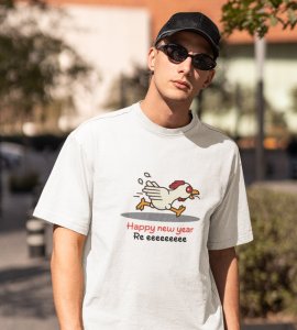 Chicken's New Year White Graphic Printed T-shirt For Mens Boys