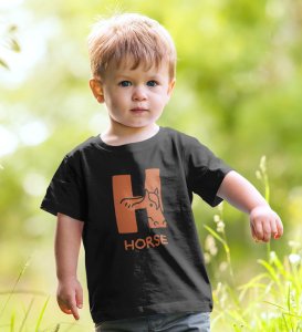 Homely Horse, Boys Round Neck Printed Blended Cotton Tshirt (black)