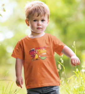 Baseballer Dino, Boys Round Neck Blended Cotton T-shirt (orange)
