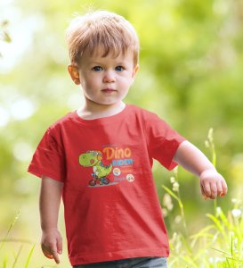 Dino Rider, Boys Round Neck Printed Blended Cotton T-shirt (Red)