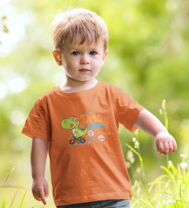 Dino Rider, Boys Round Neck Printed Blended Cotton T-shirt (orange)