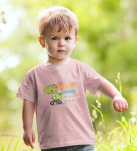 Dino Rider, Boys Round Neck Printed Blended Cotton Tshirt (baby pink)