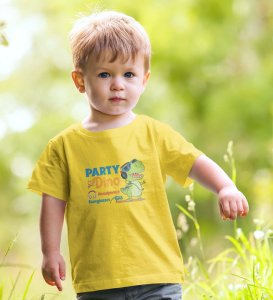 Party Animal Dino,Boys Cotton Printed Tshirt (Yellow) 