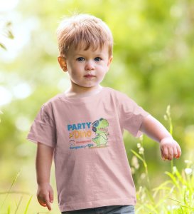 Party Animal Dino,Boys Cotton Printed Tshirt (baby pink) 