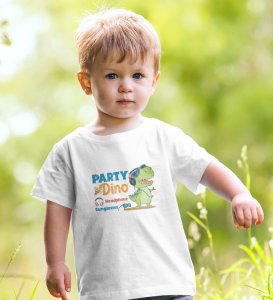 Party Animal Dino,Boys Cotton Printed Tshirt (White) 
