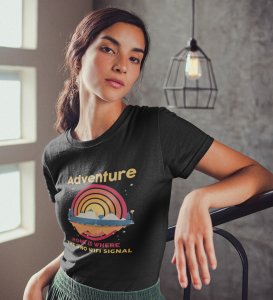 HopOfferGreat Outdoors Black Round Neck Cotton Half Sleeved Women's T-Shirt with Printed Graphics