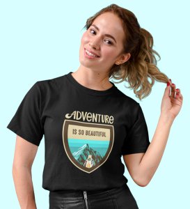 HopOfferThe Beauty Of Adventure Black Round Neck Cotton Half Sleeved Women's T-Shirt with Printed Graphics