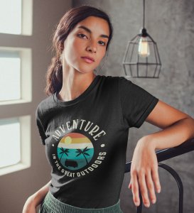 HopOfferGreat Outdoors Black Round Neck Cotton Half Sleeved Women's T-Shirt with Printed Graphics
