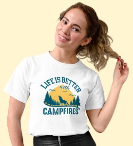 Better With Campfires White Round Neck Cotton Half Sleeved Women's T-Shirt with Printed Graphics