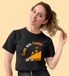 HopOfferThe Courageous Climb Black Round Neck Cotton Half Sleeved Women's T-Shirt with Printed Graphics