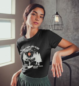 HopOfferTravel To Try Black Round Neck Cotton Half Sleeved Women's T-Shirt with Printed Graphics