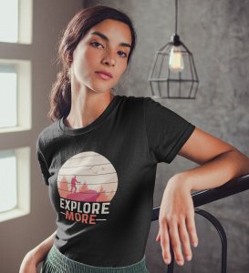 HopOfferExplore Black Round Neck Cotton Half Sleeved Women's T-Shirt with Printed Graphics