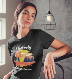 HopOfferFeel Adventurous Black Round Neck Cotton Half Sleeved Women's T-Shirt with Printed Graphics