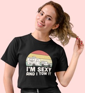 HopOfferI Tow It Black Round Neck Cotton Half Sleeved Women's T-Shirt with Printed Graphics