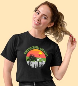 HopOfferMountain Mover  Black Round Neck Cotton Half Sleeved Women's T-Shirt with Printed Graphics