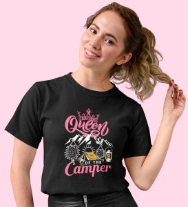 HopOfferQueen Of Camper Black Round Neck Cotton Half Sleeved Women's T-Shirt with Printed Graphics