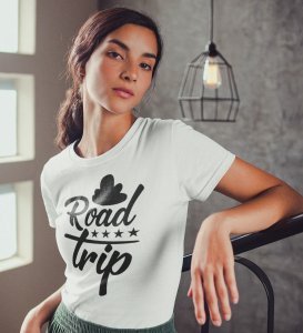 The Road Trip White Round Neck Cotton Half Sleeved Women's T-Shirt with Printed Graphics