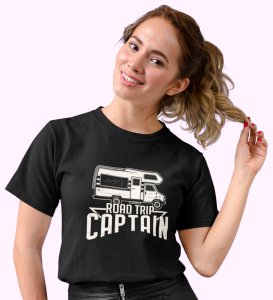 HopOfferRoadtrip Captain Black Round Neck Cotton Half Sleeved Women's T-Shirt with Printed Graphics
