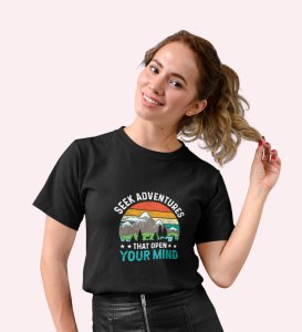 HopOfferAdventures Open Mind Black Round Neck Cotton Half Sleeved Women's T-Shirt with Printed Graphics