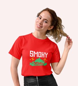 HopOfferSmoky Mountains Red Round Neck Cotton Half Sleeved Women's T-Shirt with Printed Graphics