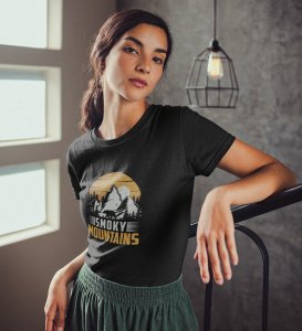 HopOfferSmoky Mountain Black Round Neck Cotton Half Sleeved Women's T-Shirt with Printed Graphics