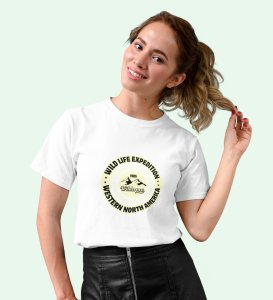 Wilderness White Round Neck Cotton Half Sleeved Women's T-Shirt with Printed Graphics