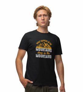 What happens in the mountain - Yellow Printed t-shirts - Clothes for travellers and riders -for mens - suitable for all kinds of Adventurous journey- best gifting item for friends and family.