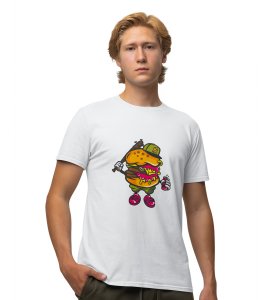 Burger Bash White Round Neck Cotton Half Sleeved Men's T-Shirt with Printed Graphics