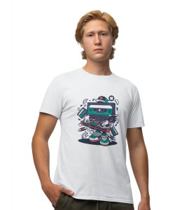 Vintage Casette Tape White Round Neck Cotton Half Sleeved Men's T-Shirt with Printed Graphics